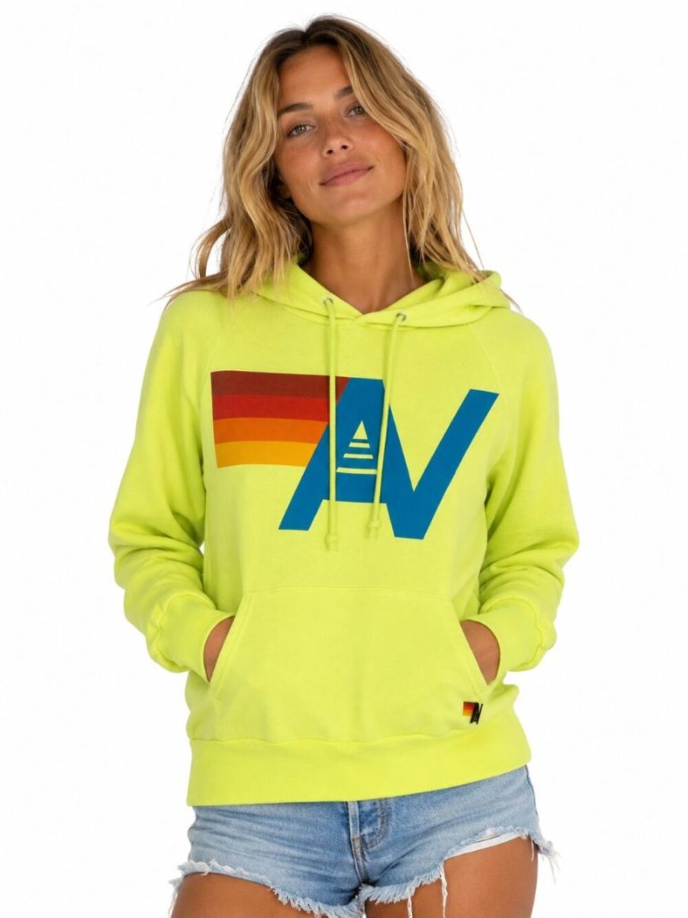 Aviator Nation Neon Lime Logo Hoodie with Rainbow Stripe